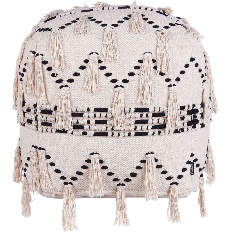 Beliani - Boho Pouffe Cotton Seat Decorative Knit Pattern Tassels Beige With Black Thondi
