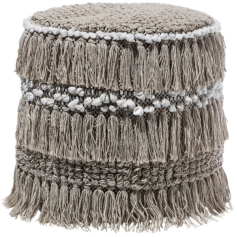 Boho Cottage Fringed Pouffe Knitted Braided Tassels Living Room Dark Beige Noida