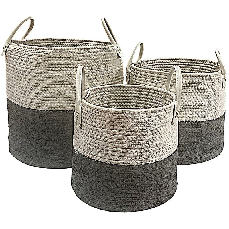 Cotton Rope Laundry Basket Fireplace Log Braided Storage Basket Planter [Dark Grey,Full Set (S+M+L)]