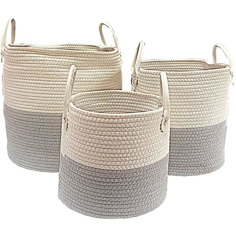 Cotton Rope Laundry Basket Fireplace Log Braided Storage Basket Planter [Light Grey,Full Set (S+M+L)]