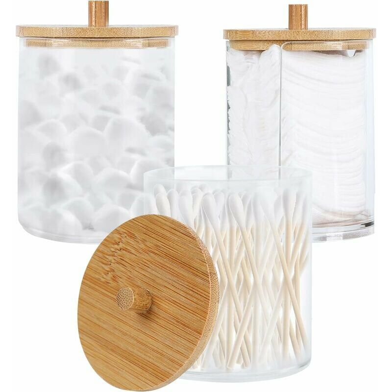 Tumalagia - Cotton Swab Holder, Cotton Dispenser, 3 Piece Cotton Swab Box, with Wooden Lid, Dustproof and Moisture Proof, for Living Room, Bedroom,