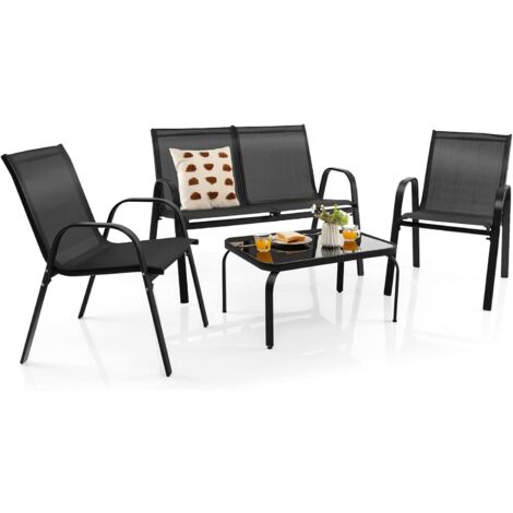 COTWAY Tavoli con 2 Sedie da Giardino in Metallo Antiruggine, Set di Mobili 4 Pezzi per Esterni con Tavolino in Vetro Temperato, Panca e 2 Sedie, Adatto per Cortile, Patio, Piscina e Balcone