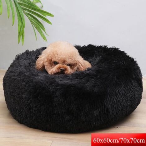 Couchage Panier Chien Chat Corbeille Coussin Rond Hiver Chaud en Peluche Lit Animal Noir 70 cm