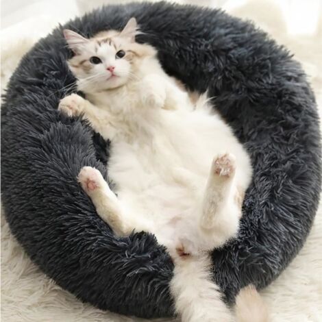 Couchage Panier Chien Chat Gris En Peluche Chien Chat Rond Hiver Sac Doux Animal de Compagnie Lit Apaisant 60x26cm