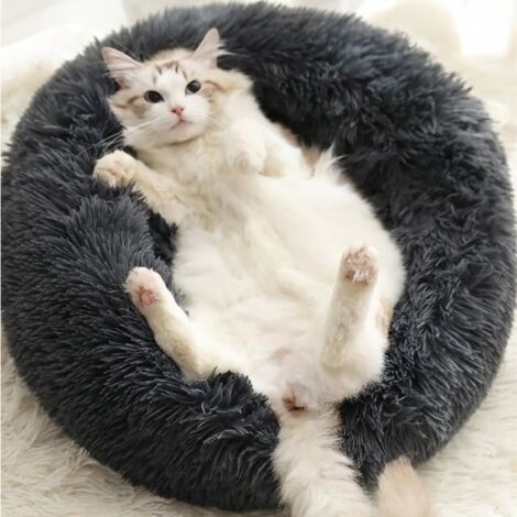 Couchage Panier Chien Chat Gris En Peluche Chien Chat Rond Hiver Sac Doux Animal de Compagnie Lit Apaisant 60x26cm
