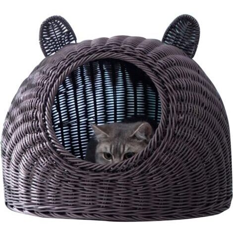 Couchage Panier Pour Chats,Lit pour chat Oreille de chat mignonne ,imité rotin tissé à la main,respirant toutes saisons ,lavable maison de chat,semi-fermée pour intérieur 38x38cm / 15.0x15.0in café