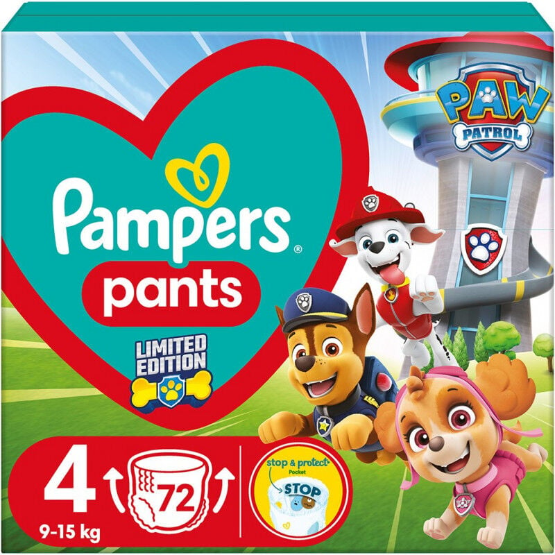 Pampers - Baby Dry Diapers Edition Pat' Patrouille Taille 4, 72 couches, 9kg - 15kg, avec poche Stop & Protect Anti-Fuite à l'arrière (8006540863572)
