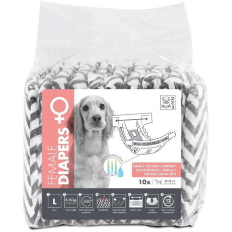 Couches pour chien - M PETS - DIAPERS Femelle L x10 - Tour de taille 32-52 cm - 8-15 kg - Indicateur d'humidité - 12h protectio