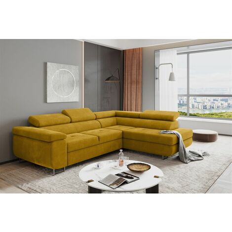 Couchgarnitur JADE Stoff Gelb mit Schlaffunktion Ottomane Rechts
