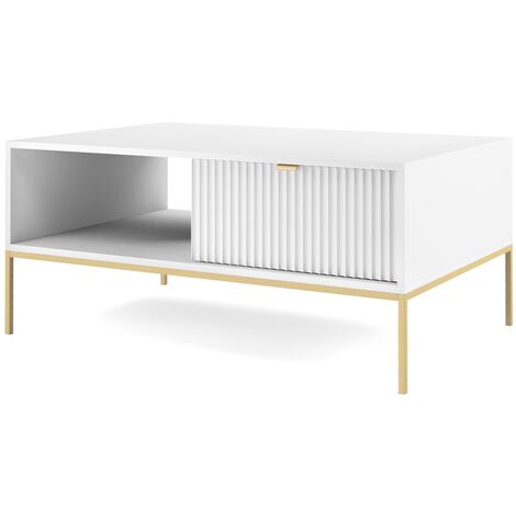Couchtisch 100 cm Galla - Kaffeetisch mit Schublade - Beistelltisch mit Metallgestell ,geriffelten Fronten & goldene Griffe (Weiß + Gold)