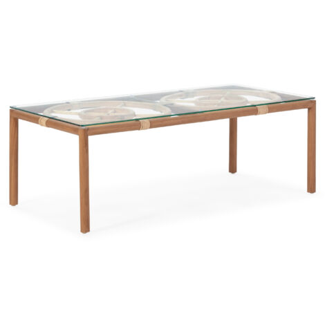 Couchtisch 100 x 50 x 35 Teakholz/Ratan/gehärtetes Glas