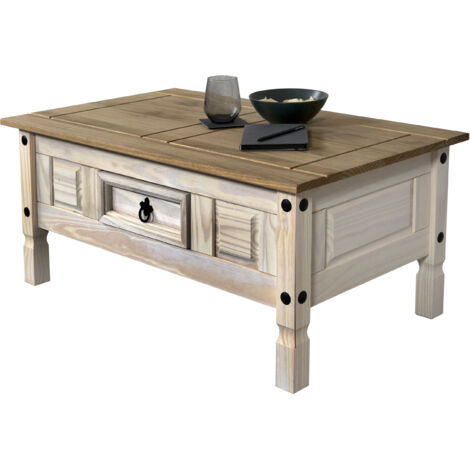 Couchtisch 100 x 60 cm mit Schublade Pinienholz weiß honigfarben lasiert MEXICO