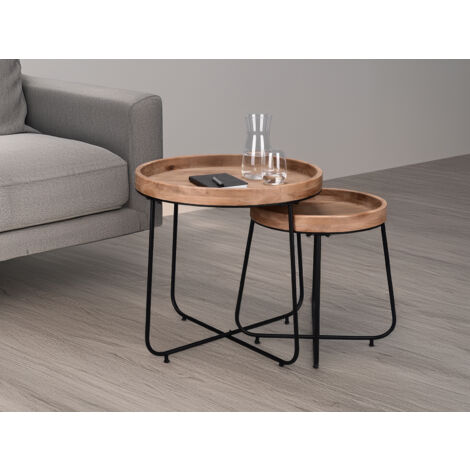 Couchtisch 2 teilig rund Metallgestell Schwarz, Tischplatte Holzoptik