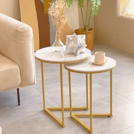 Couchtisch 2er Set, Runder Beistelltische Satztische für Wohnzimmer Schlafzimmer, Marmor Satztisch Weiß mit Gold Metallrahmen, 45 x 55 cm / 40 x 51cm