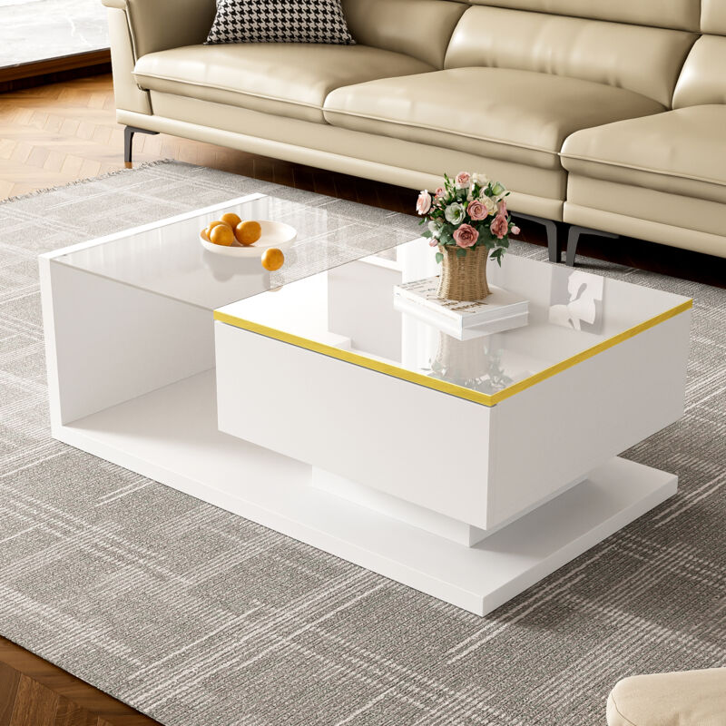Stilvora Couchtisch 90 Cm Mit Glasplatte Und Led 16 Farben, Offene Ablagen, Hochglanz Weiß, 90×50×32, 5 Cm