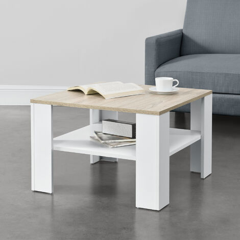 Couchtisch Aachen 60x60x40 cm mit Ablage Weiß/Eichenoptik en.casa