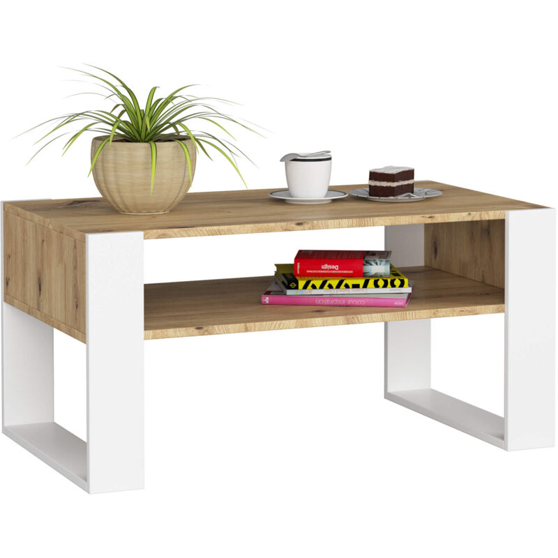 Akord - Couchtisch Domi Kaffeetisch Eiche Artisan 92 Cm Front Weiß B92 X H45 X T53 Cm