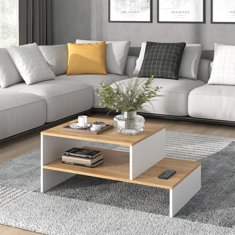 Couchtisch Amely, Goldkraft Eiche/weiß, 90 X 55 Cm Mit Regal, Vicco