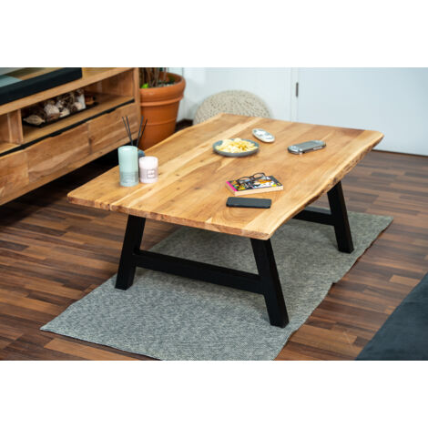 Couchtisch Baumkante 120x80 cm Akazie Naturfarben schwarz A-Gestell