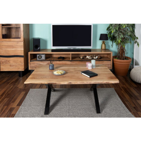 Couchtisch Baumkante 120x80 cm Akazie Naturfarben schwarz X-Gestell