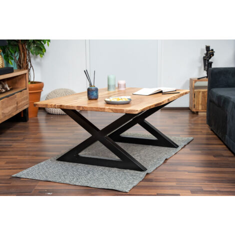 Couchtisch Baumkante 120x80 cm Akazie Naturfarben schwarz X-Gestell geschlossen