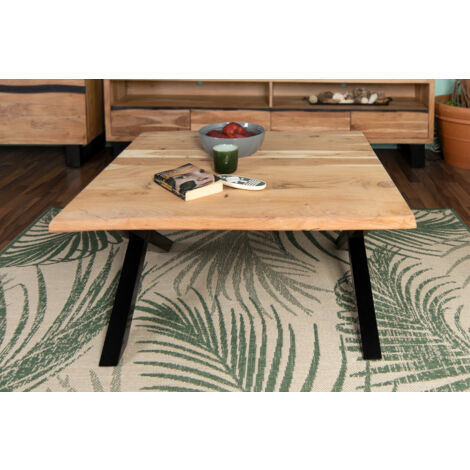 Couchtisch Baumkante 90x90 cm Akazie Naturfarben schwarz X-Gestell