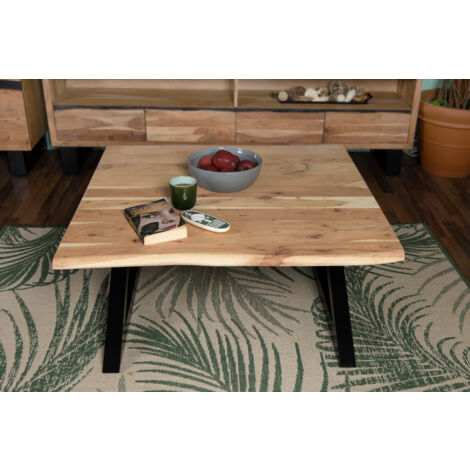 Couchtisch Baumkante 90x90 cm Akazie Naturfarben schwarz X-Gestell geschlossen