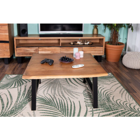 Couchtisch Baumkante 90x90 cm Akazie Nussbaumfarben schwarz A-Gestell