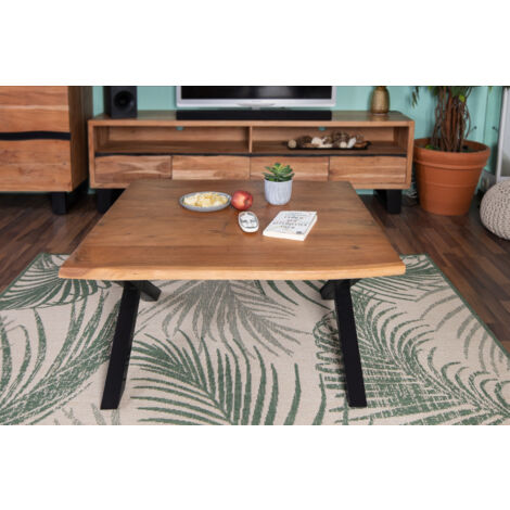 Couchtisch Baumkante 90x90 cm Akazie Nussbaumfarben schwarz X-Gestell