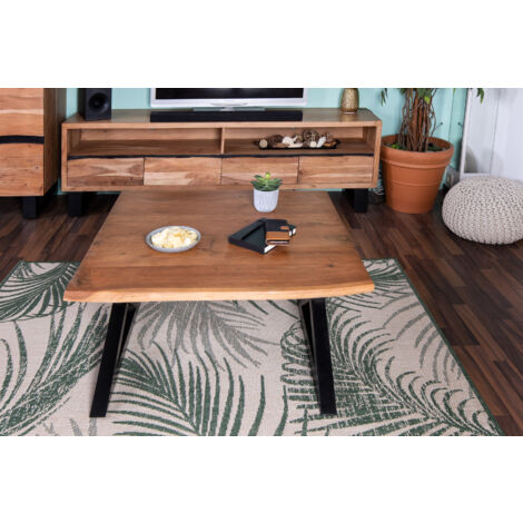 Couchtisch Baumkante 90x90 cm Akazie Nussbaumfarben schwarz X-Gestell geschlossen
