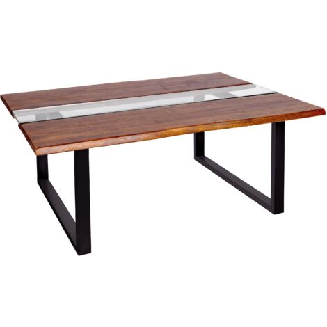 Couchtisch Baumkante mit Glaseinsatz 118 x 80 cm Akazie massiv nougatfarben U-Gestell schwarz FRANCO