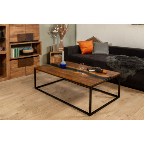 Couchtisch Beistelltisch 120 x 70 cm Akazie massiv mit Kunstharz-Ader mittig und Eisengestell SATI