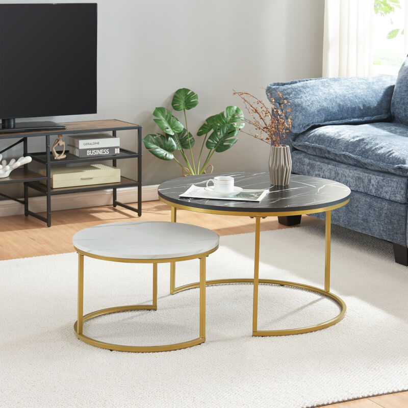 [en.casa] - Couchtisch Christchurch 2er Set Marmoroptik, Schwarz/weiß/gold
