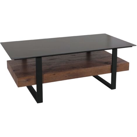 Couchtisch HHG-698, Wohnzimmertisch Tisch, Ablage Eisen 43x120x60cm Sinterstein Marmor-Optik schwarz Holz dunkelbraun