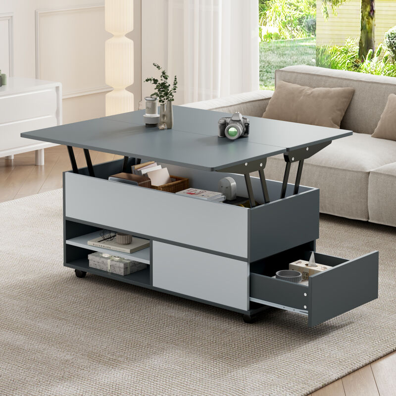 Modenvie Couchtisch Höhenverstellbar Mit 2 Hydraulischen Platten, 1 Tür, 1 Schublade Und Rollen, Für Wohnzimmer, Grau Weiß, 100 × 98 × 65 Cm
