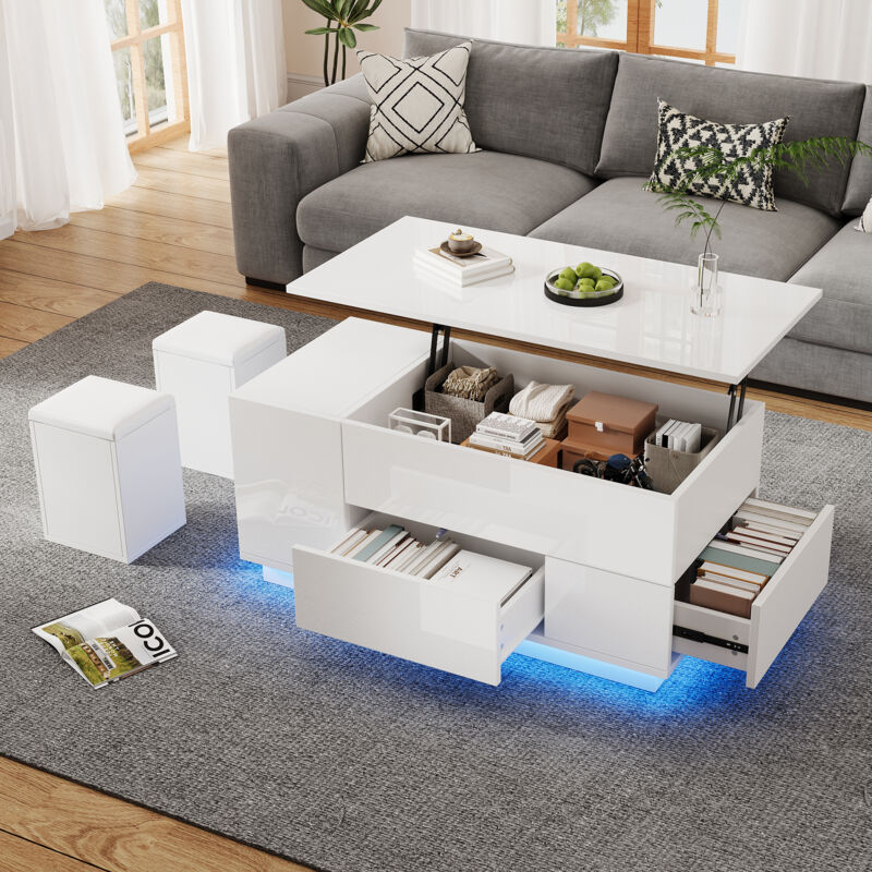 Stilvora Weiß Couchtisch Höhenverstellbar Mit Led, Sofatisch Mit Hubtischplatte, 2 Schubladen, 2 Aufbewahrungshockern, Hochglanz,