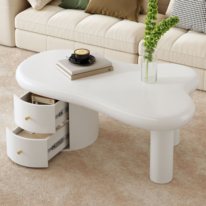 Stilvora Couchtisch In Organischer Form Mit 2 Schubladen, Struktur Aus Mdf, Minimalistisches Design, Weiß, 97×64×42 Cm
