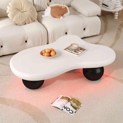 Couchtisch in Wolkenform mit LED 16 Farben und Runden Beinen, fur Wohnzimmer oder Kinderzimmer, MDF, Schwarz und Weiss, 95 x 62.5 x 32 cm