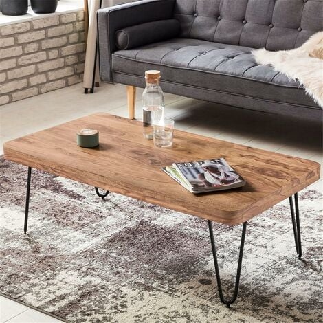Couchtisch Massiv-Holz Akazie 115 cm breit Wohnzimmer-Tisch Design Metallbeine Landhaus-Stil Beistelltisch B/H/T ca. 115/40/60cm
