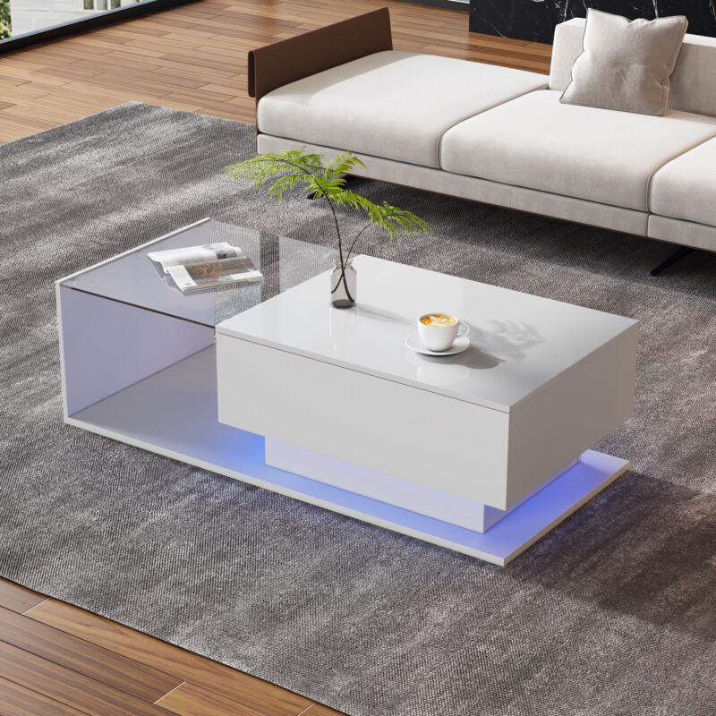 Stilvora Couchtisch Mit 1 Schublade Und Led App-steuerung, Glasplatte Und Hochglanz Weiß, 100×50×32 Cm