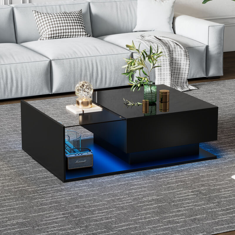 Stilvora Couchtisch Mit 1 Schublade Und Led Per App, Glasplatte Und Hochglanz-oberfläche, Aus Spanplatte, 100×50×32 Cm, Schwarz