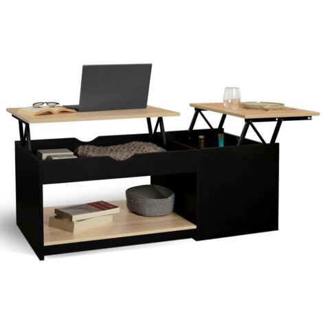 Couchtisch mit 2 rechteckigen Klappplatten EYLA mit Holzkasten schwarz und Buchenholzoptik