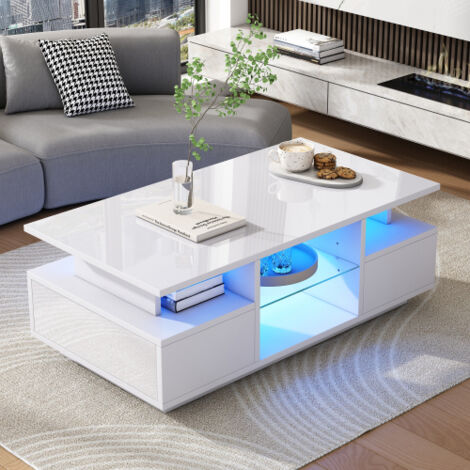 Couchtisch mit 2 Schubladen, LED-Beleuchtung, offenem Stauraum und Glastrennung, Weiß, 100x50x36 cm
