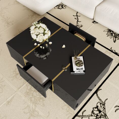 Couchtisch mit 2 Schubladen, schwarze Hochglanzoberflaeche und goldfarbene Metallelemente, MDF, 100 x 60 x 41.5 cm