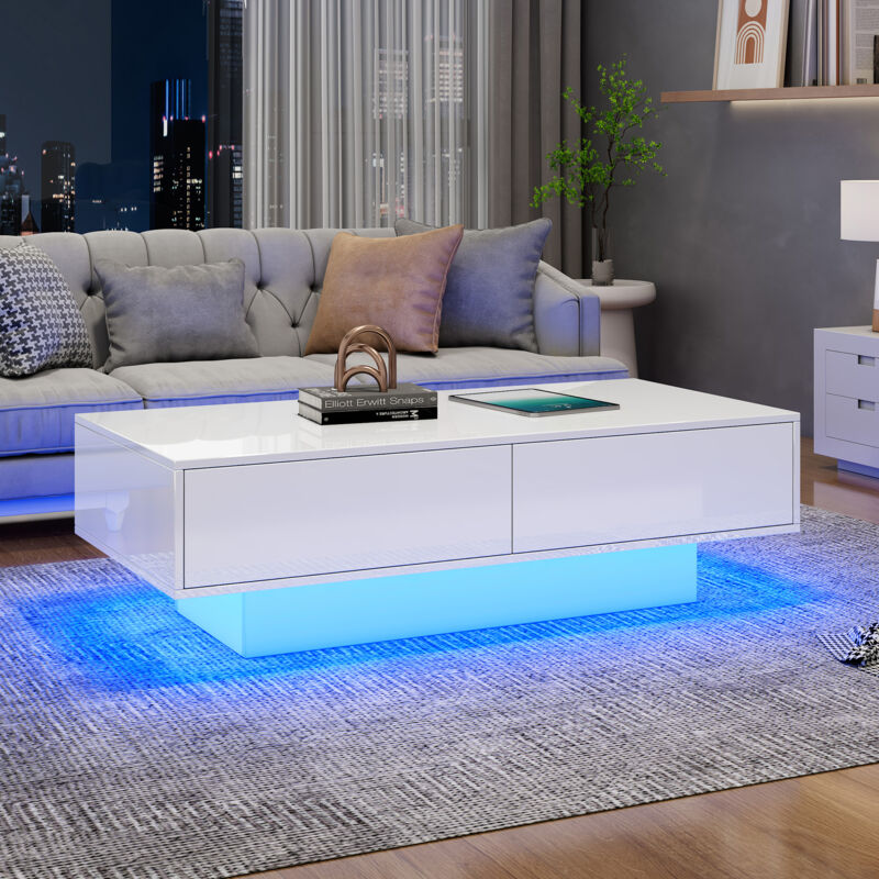 Stilvora Couchtisch Mit 2 Schubladen Und Led, Hochglanz Weiß, Moderner Stil, Aus Spanplatte, Weiß
