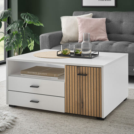 Couchtisch mit 2 Türen, Schubkästen weiß matt mit Eiche HUNTER-61