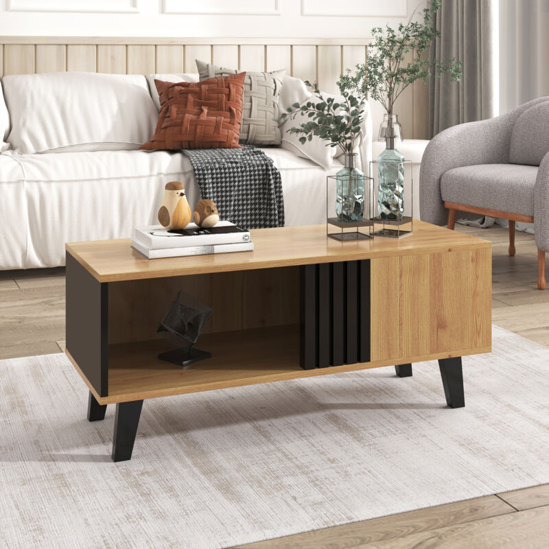 Stilvora Couchtisch Mit 3 Ablagefächern, Design Naturholz Und Schwarz, Aus Glas Und Spanplatte, 100×60×45 Cm