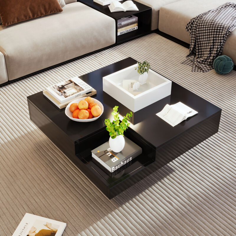 Stilvora Couchtisch Mit Abnehmbarer Aufbewahrungsbox Und Mehrfarb-led, Hochglanz Weiß Und Schwarz, 72×72×30 Cm