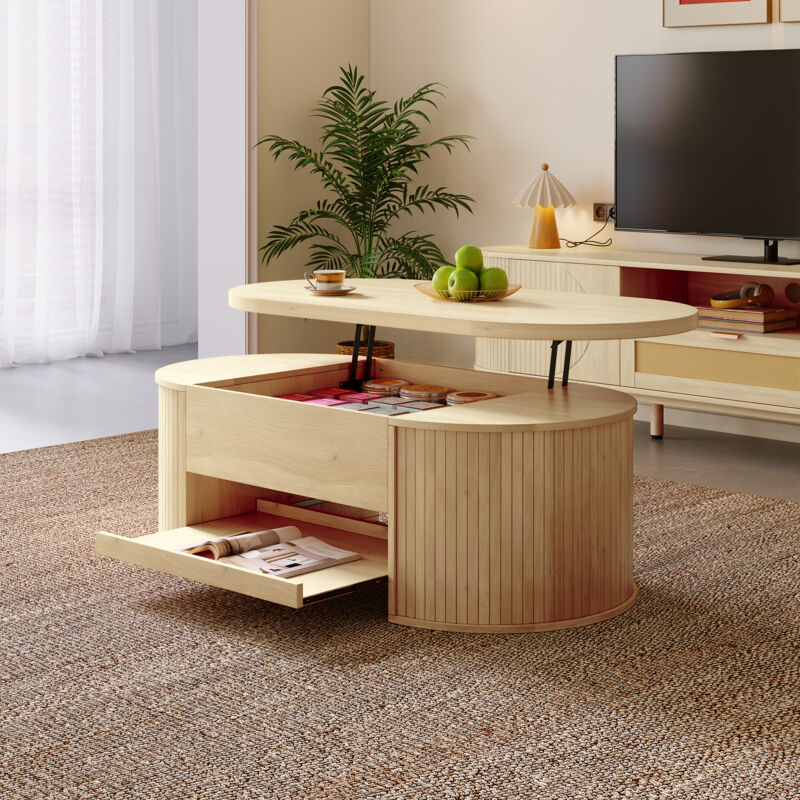 Modenvie Couchtisch Mit Anhebbarer Platte, Verdecktem Stauraum Und Ausziehbarer Ablage, Für Wohnzimmer, Mdf, Natur, 110 X 55.5 X 40 Cm