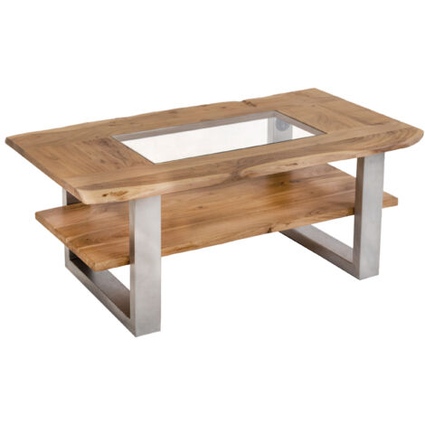 Couchtisch mit Glaseinsatz Baumkante 115 x 65 cm Akazie massiv natur silber PATRICK